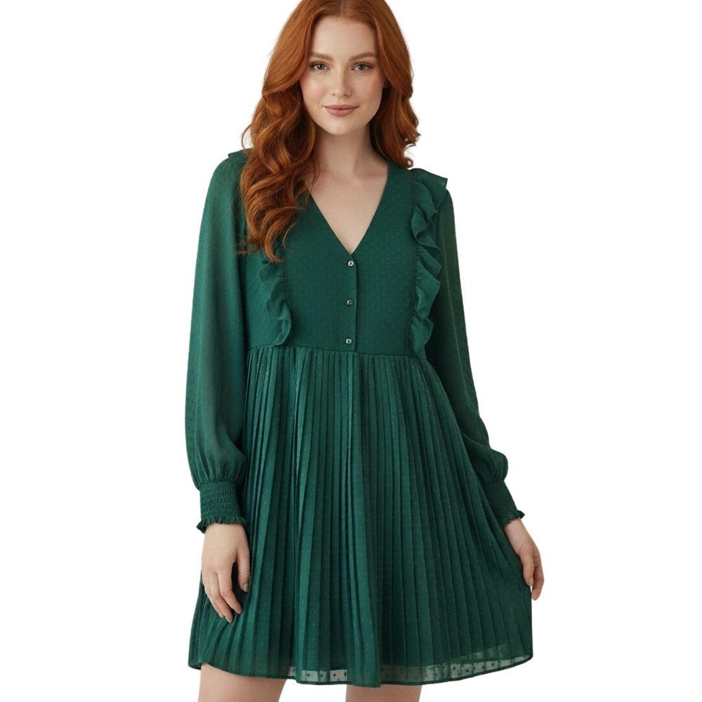 Zara Forest Green Swiss Dot Pleated Long Sleeve Mini Dress Women's Large V Neck